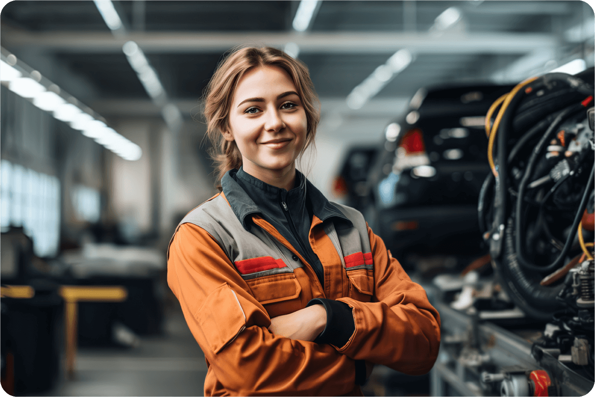 Eine Frau in einer Autowerkstatt lächelt in die Kamera.